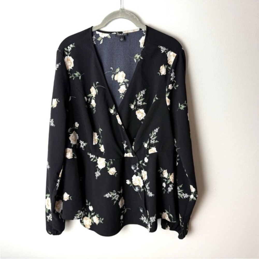 Torrid Black Floral Crepe Surplice Midi Peplum Blouse Plus Size 1X Top V-Neck